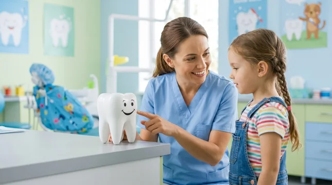 pediatric dentist near you teaching a young patient proper teeth brushing techniques